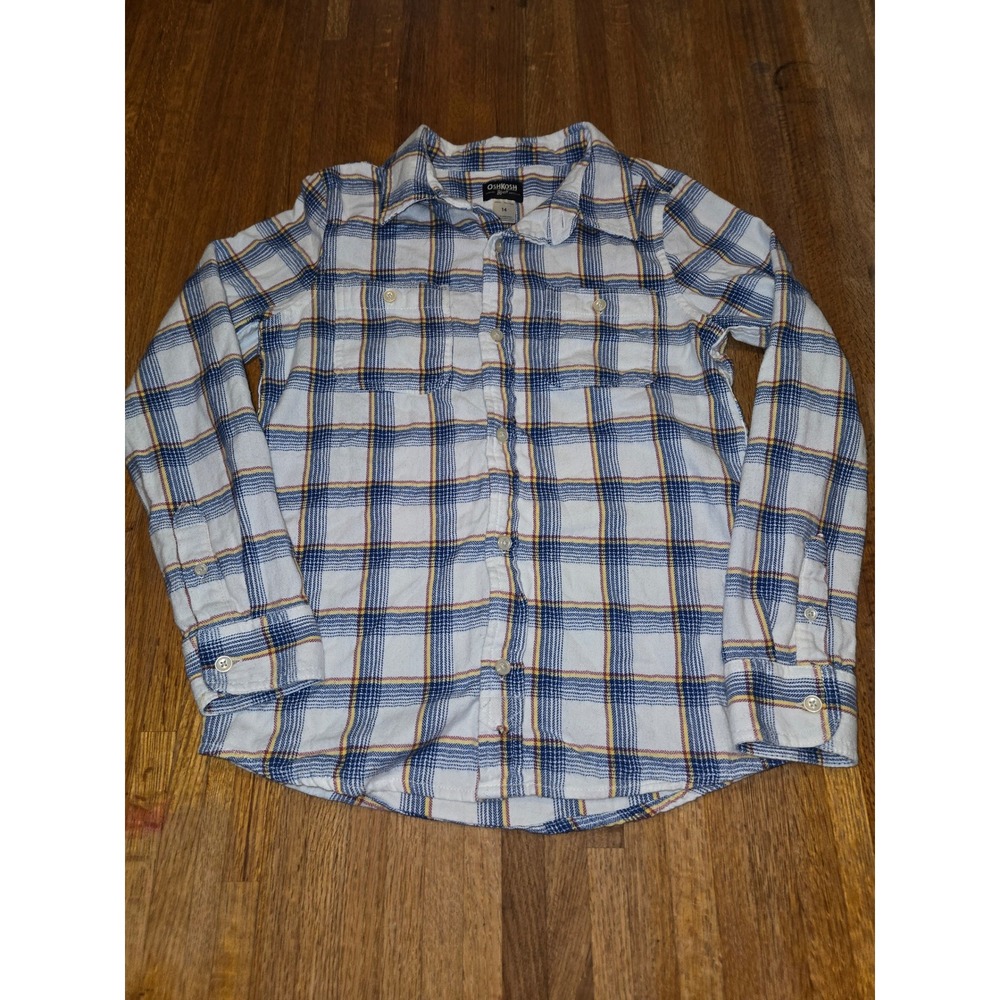 OshKosh Bgosh Boys 14 Blue White Yellow Plaid Button‎ Down Flannel Pocket Shirt